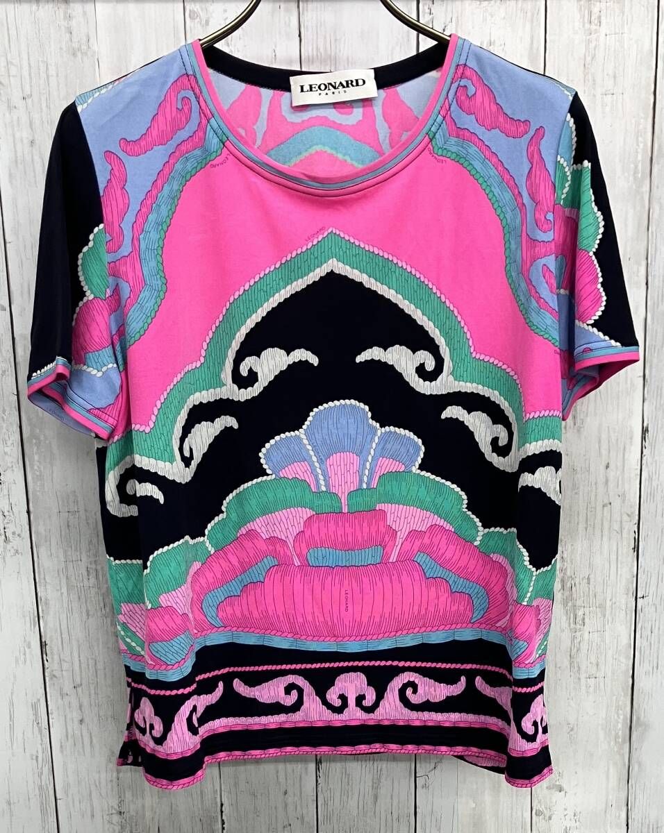 LEONARD 半袖カットソー レオナール クルーネック 半袖Tシャツ 総柄 シルク サイズ38