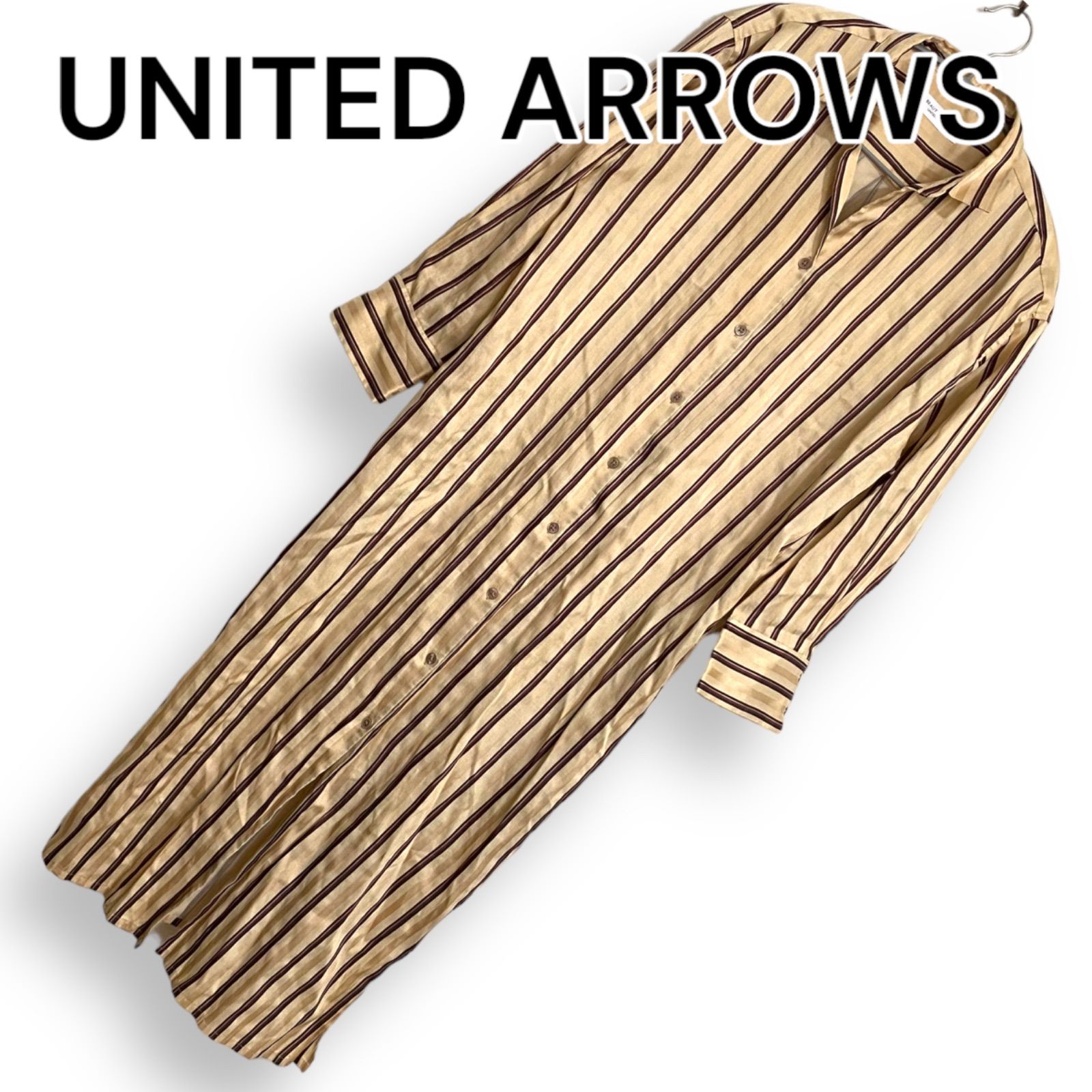 UNITED ARROWS ユナイテッドアローズ 開襟ストライプ  ロングシャツワンピース スリットワンピース ベージュ系 レディース フリーサイズ