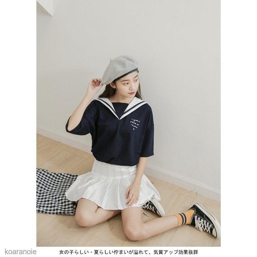 Tシャツ レディース セーラー服 半袖 カットソー マリンセーラー 半袖Tシャツ 女性用 夏物 トップス 爽やか 薄手 ゆったり お洒落 セーラー服 女性用 マリンセーラー レディース カットソー T
