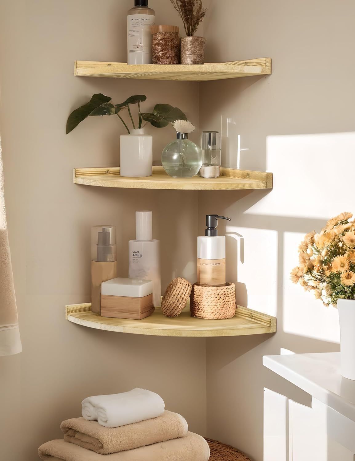 Afuly コーナーシェルフ 天然木製 コーナーラック ウォールラック 三角