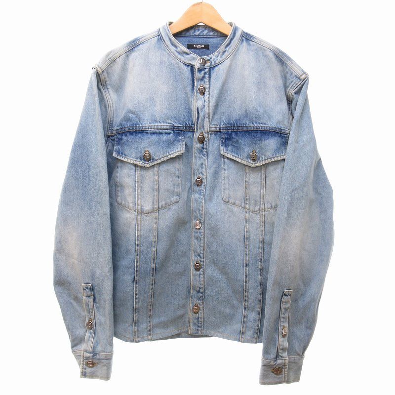 バルマン BALMAIN ノーカラー コットン デニムシャツ ワークシャツ ウォッシュド加工 ロゴボタン 厚手 インディゴブルー 青系 38 約M