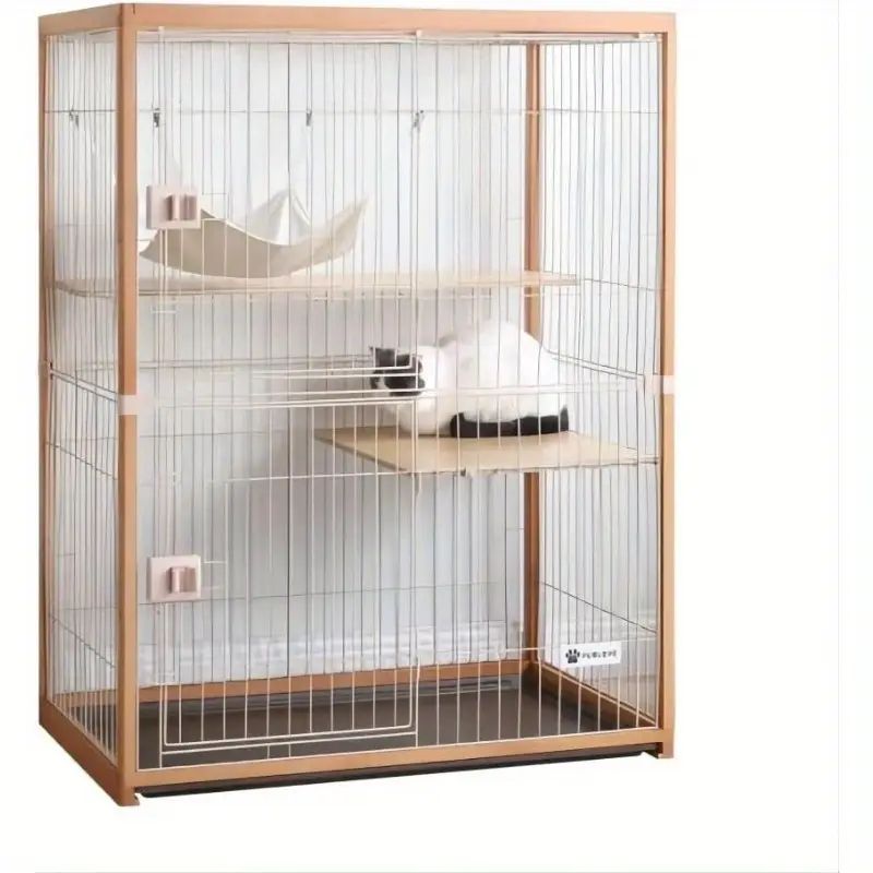 木製フレームの広々とした2段猫ケージ - スタイリッシュで安全 簡単組立 - 複数のペットに最適 はしごとハンモック付き