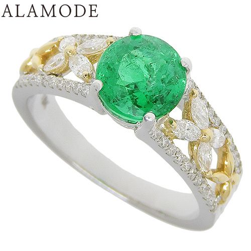 エメラルド ダイヤモンド フラワー リング K18 ホワイトゴールド WG  