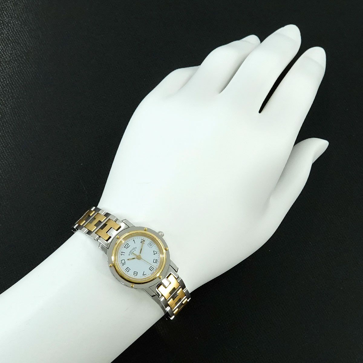 稼動品エルメスクリッパー白文字盤デイトコンビレディース腕時計