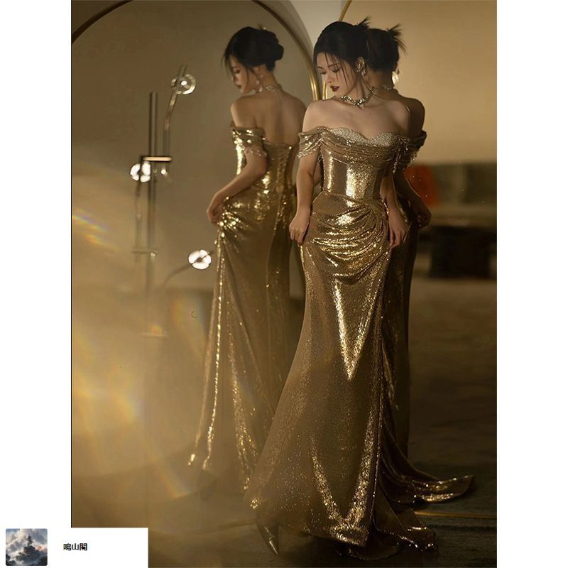 レディース 春夏 感 ロングドレス ゴールド スパンコール 一字肩 マーメイド ワンピース 結婚式 披露宴 パーティー 舞台衣