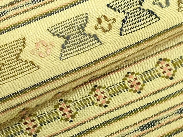 平和屋着物□極上 本場琉球 読谷山花織 紬地 九寸名古屋帯 桑染色地