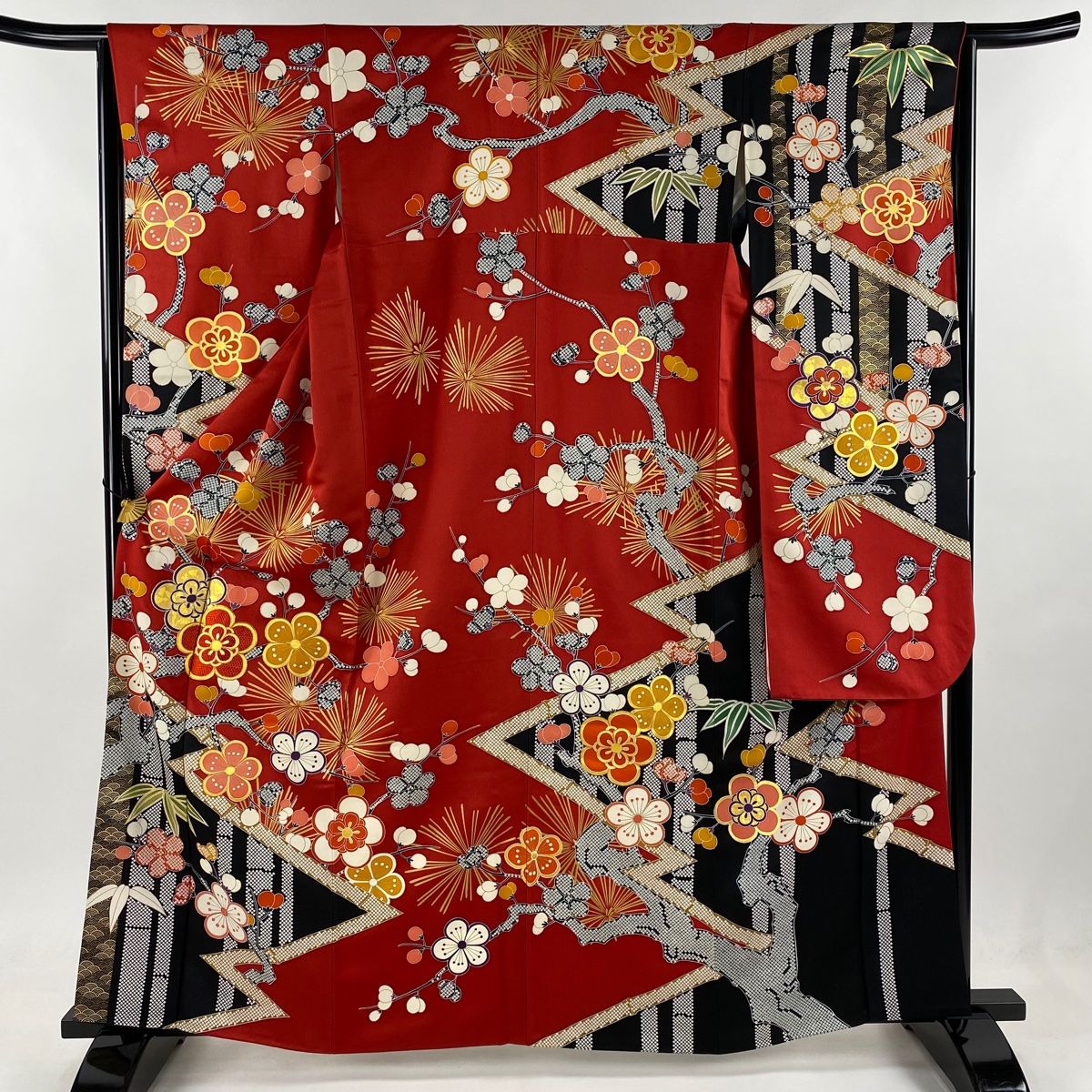 振袖 身丈162cm 裄丈64cm M 袷 千總 落款 松竹梅 青海波 銀通し 金彩 赤 正絹