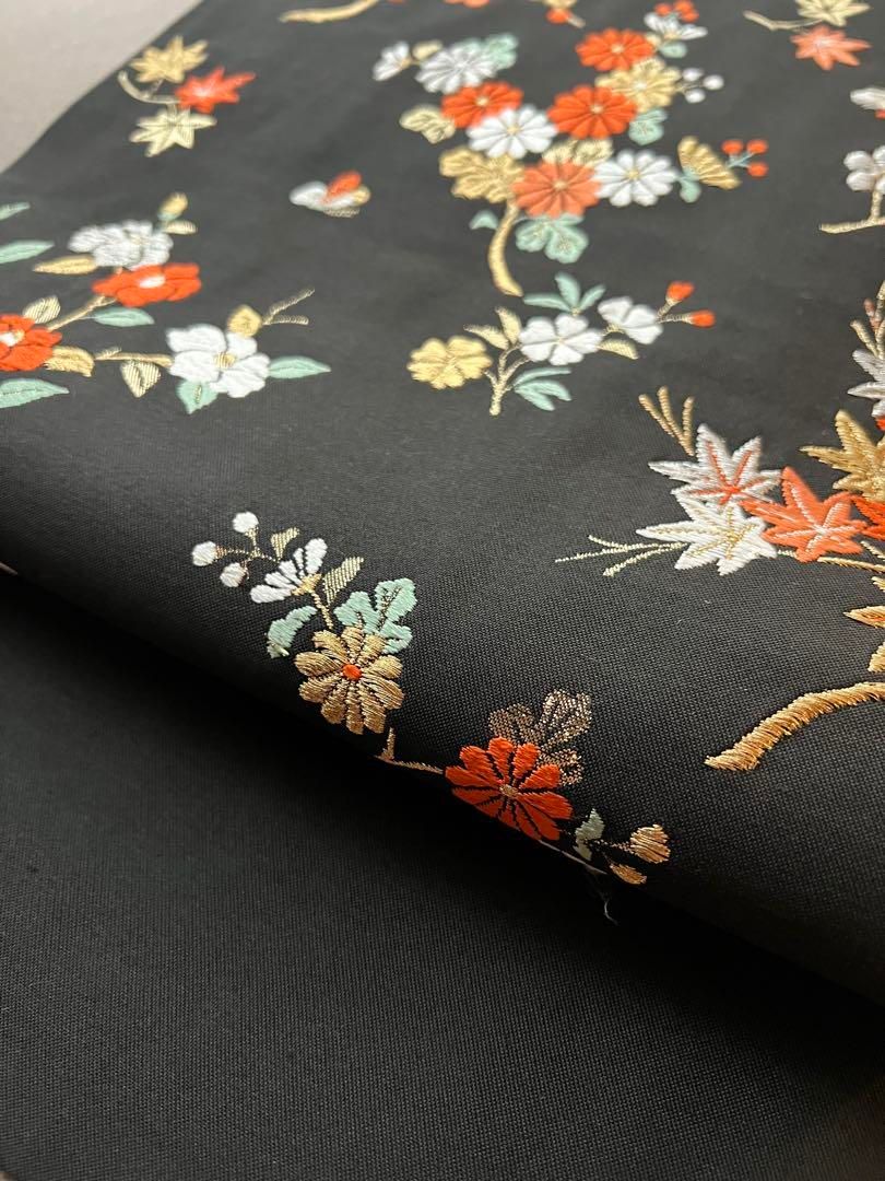 名古屋帯 刺繍 黒地 花 花柄刺繍 塩瀬名古屋帯 名古屋帯 塩瀬