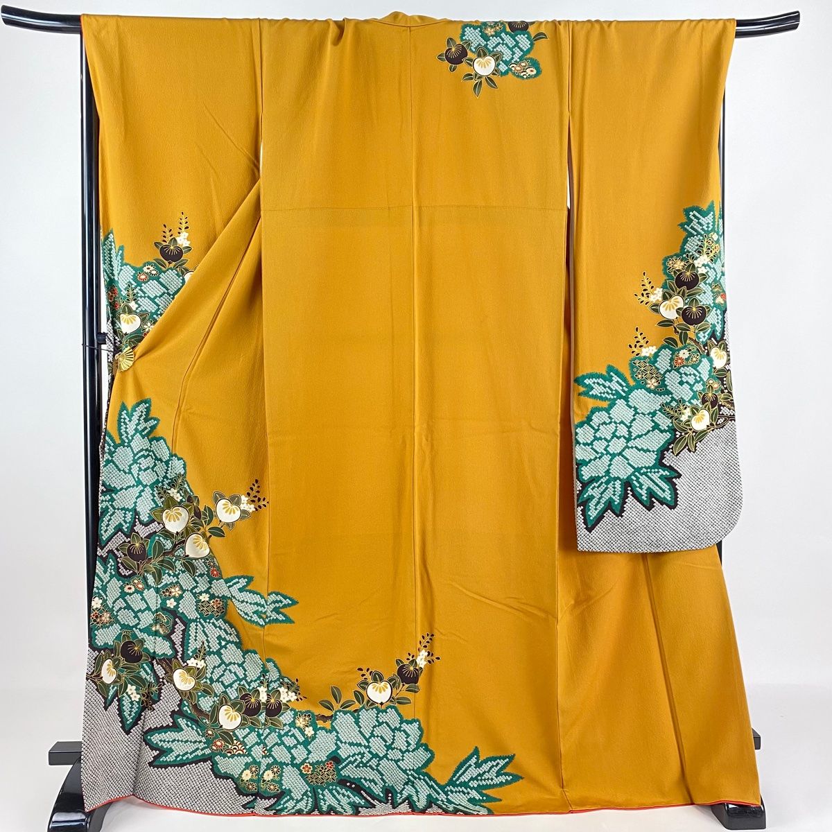 振袖 身丈170cm 裄丈71cm L 袷 橘花 牡丹 刺繍 金彩 山吹茶色 正絹 名品