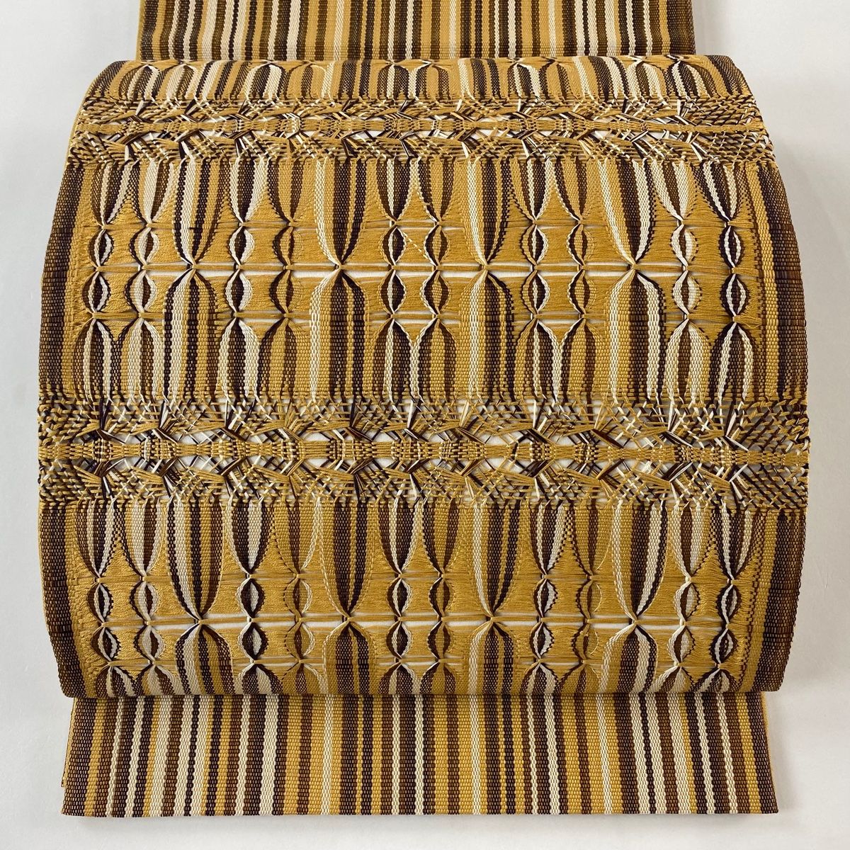 袋帯 秀品 幾何学 薄茶色 お太鼓柄 正絹