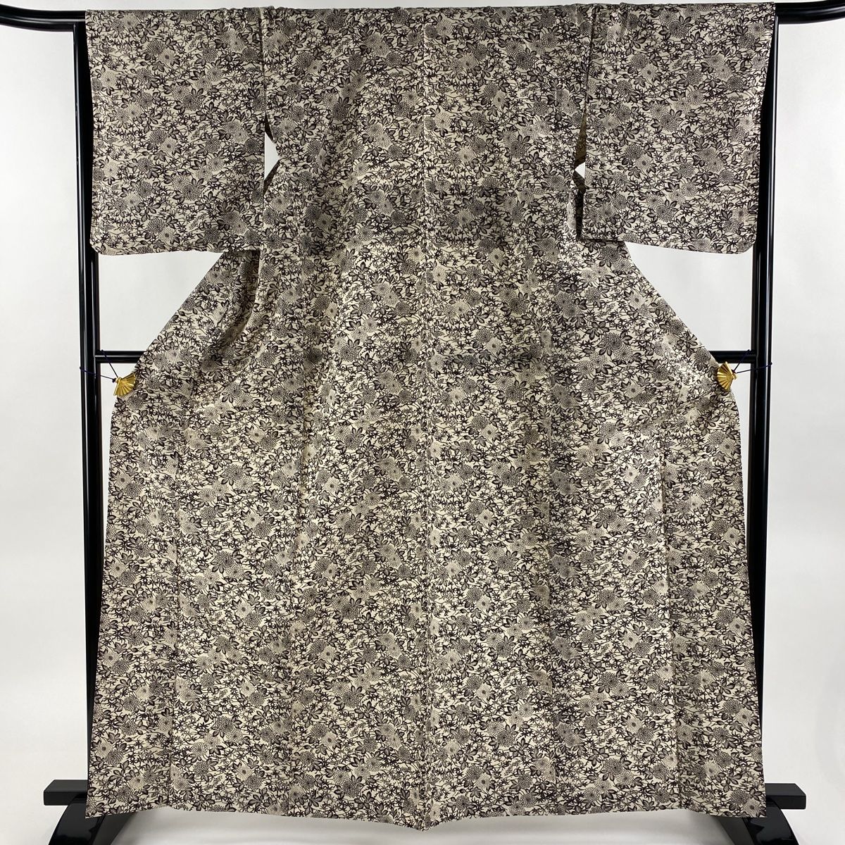 小紋 身丈162cm 裄丈66cm M 単衣 上州紬 証紙 菊 楓 ベージュ 正絹 美  