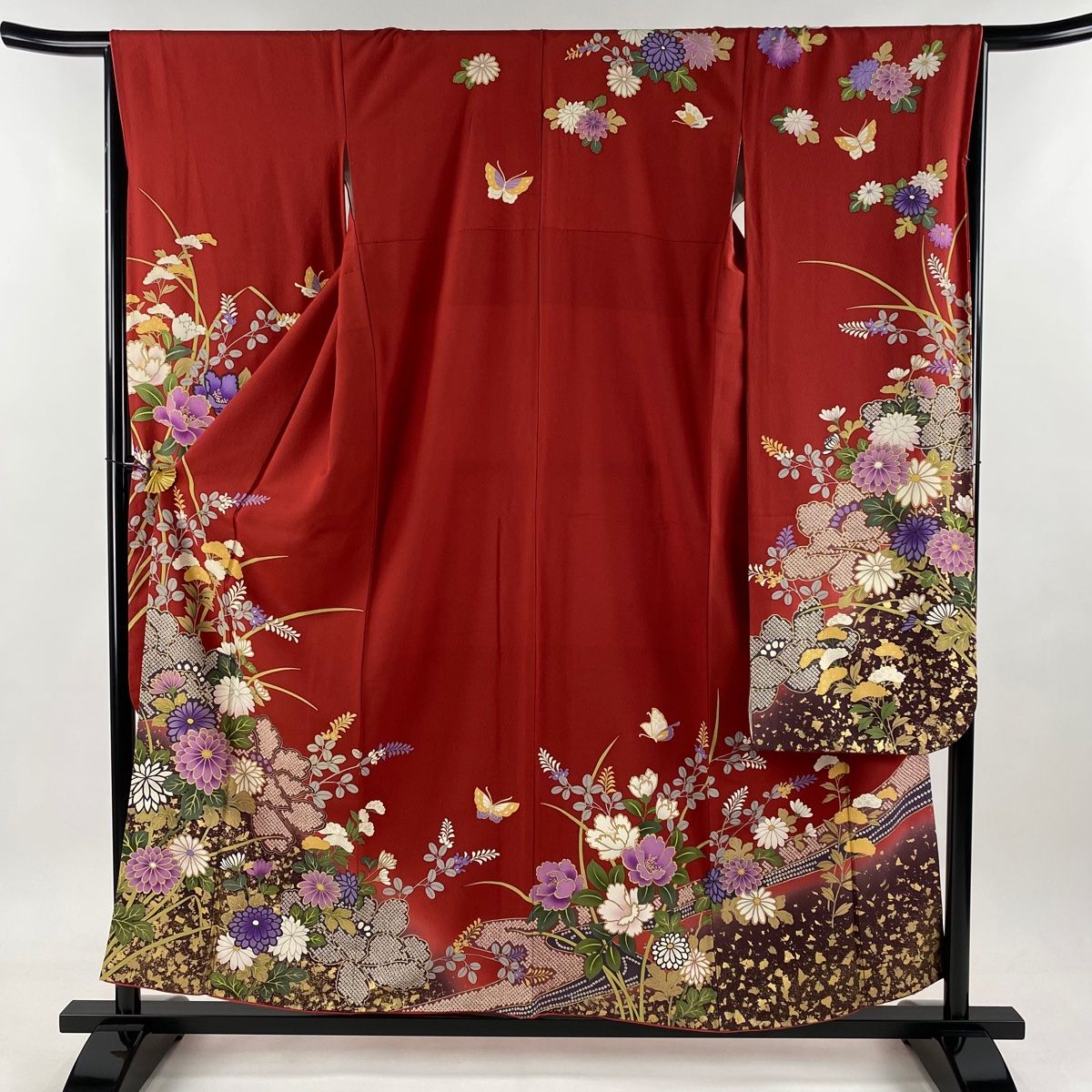 振袖 身丈157cm 裄丈66cm M 袷 菊 秋草 金彩 染め分け 赤 正絹 秀品