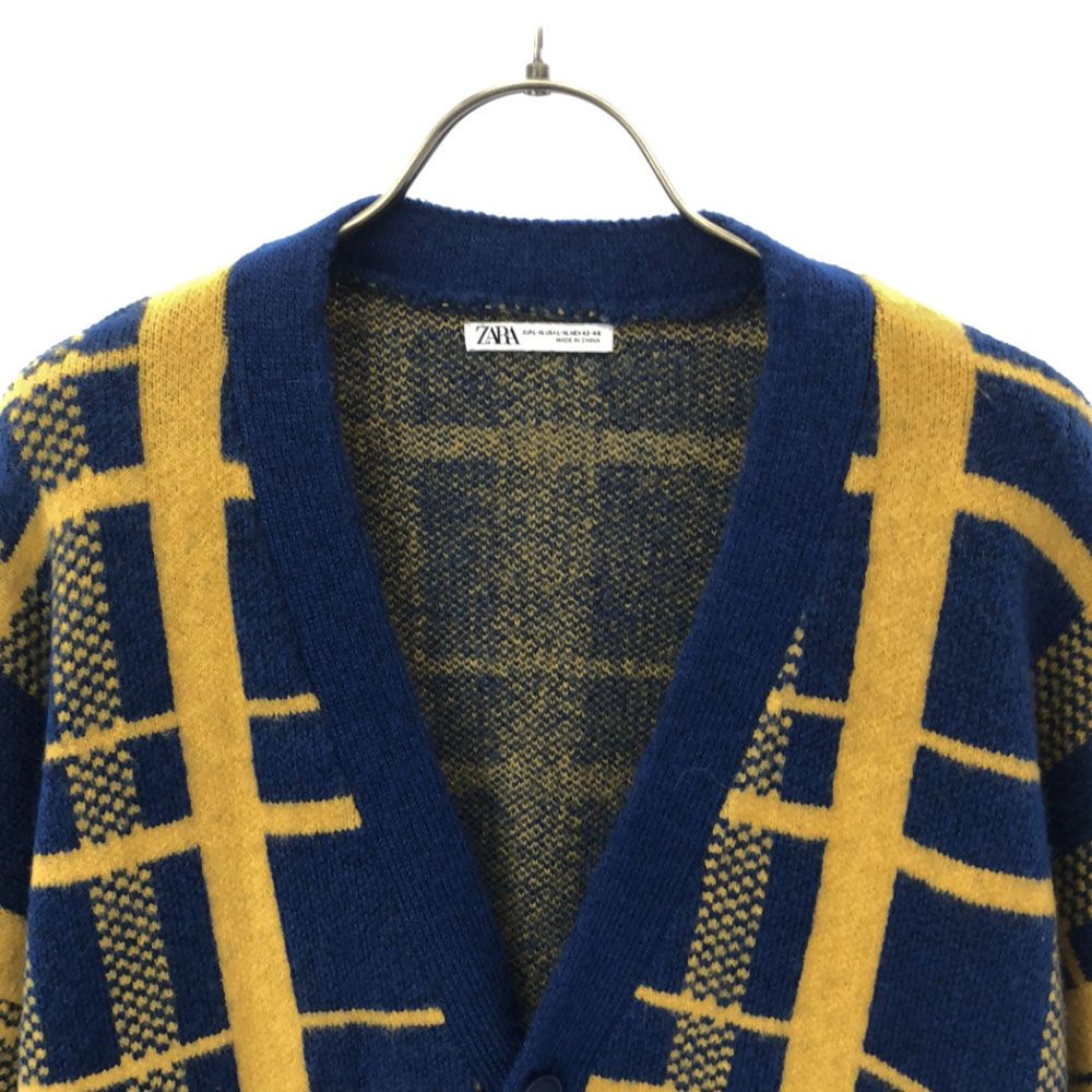 ザラ チェック柄 長袖 ニットカーディガン L-XL ブルー×イエロー ZARA 