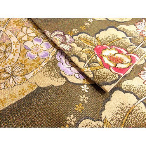 袋帯 振袖用 USED 正絹 仕立て上がり 黒×金 バラ No11 六通柄 振袖用  