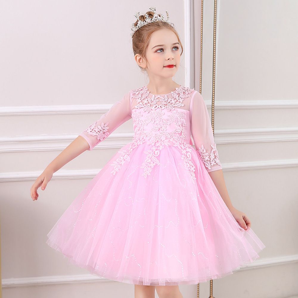 ピンク  120CM  子供ドレス ワンピース 女の子 かわいい 春 夏 秋 dk2803 子供ドレス 女の子 発表会 キッズドレス フォーマルドレス 子供ワンピース 子ども キッズ ドレス シアー 透け感 レース 