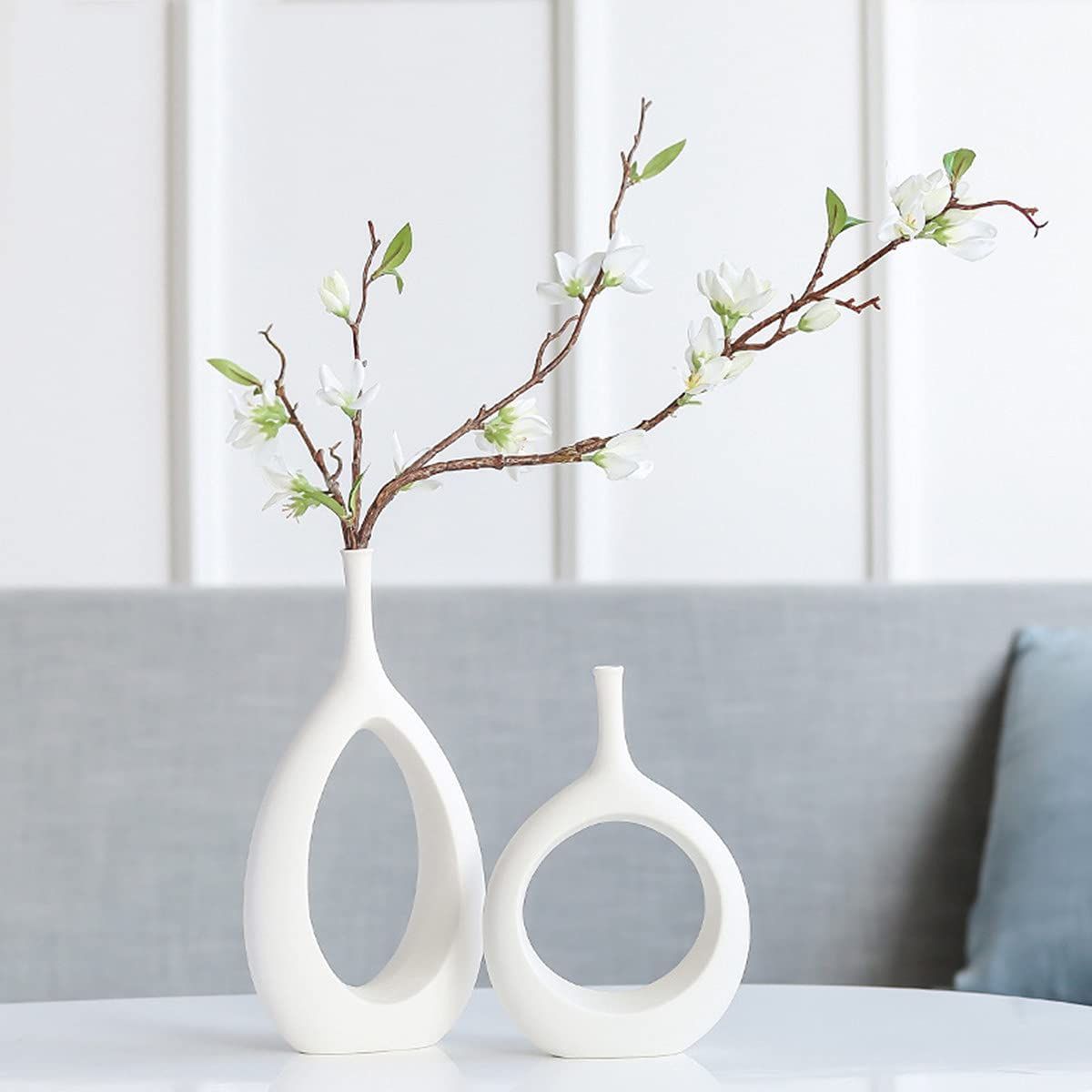 ☆ Yuuming フラワーベース 花器 花瓶 陶器 つや 欧モダンシンプルデザイン 中空花瓶 2個 -白A+B 85 