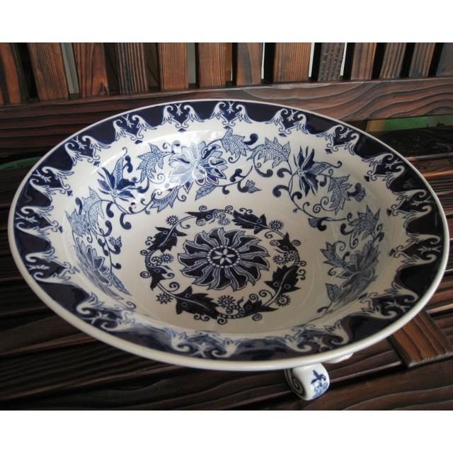 三脚口広水盤 藍花 陶器鉢 水鉢 睡蓮鉢 和モダン アジアン ベスト