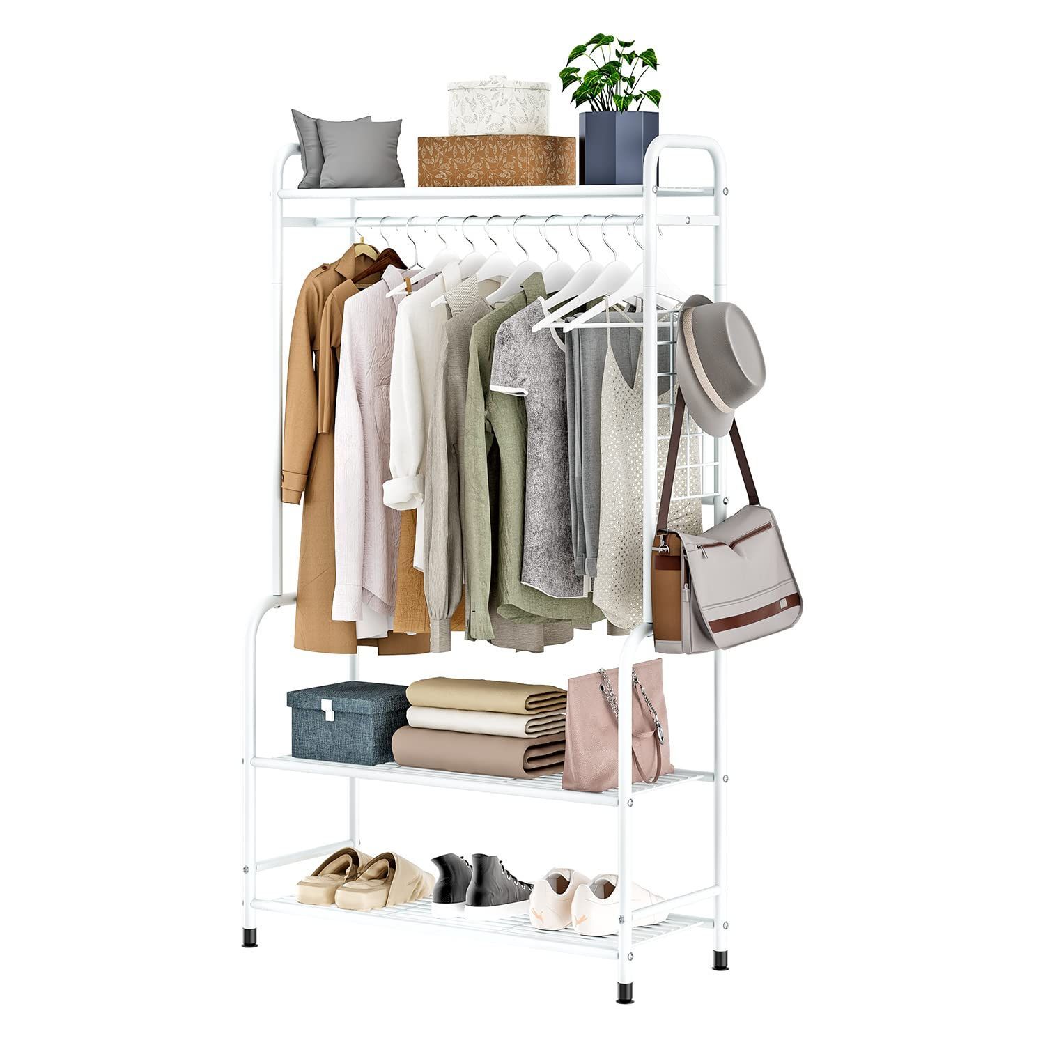 コート掛け 衣類収納 収納ラック 物干しスタンド おしゃれ フック付き シングル 洋服ハンガー 防サビ 防水 パイプハンガー 高耐荷重 耐腐食性 組立簡単 ハンガーラック ホワイト ホワイト
