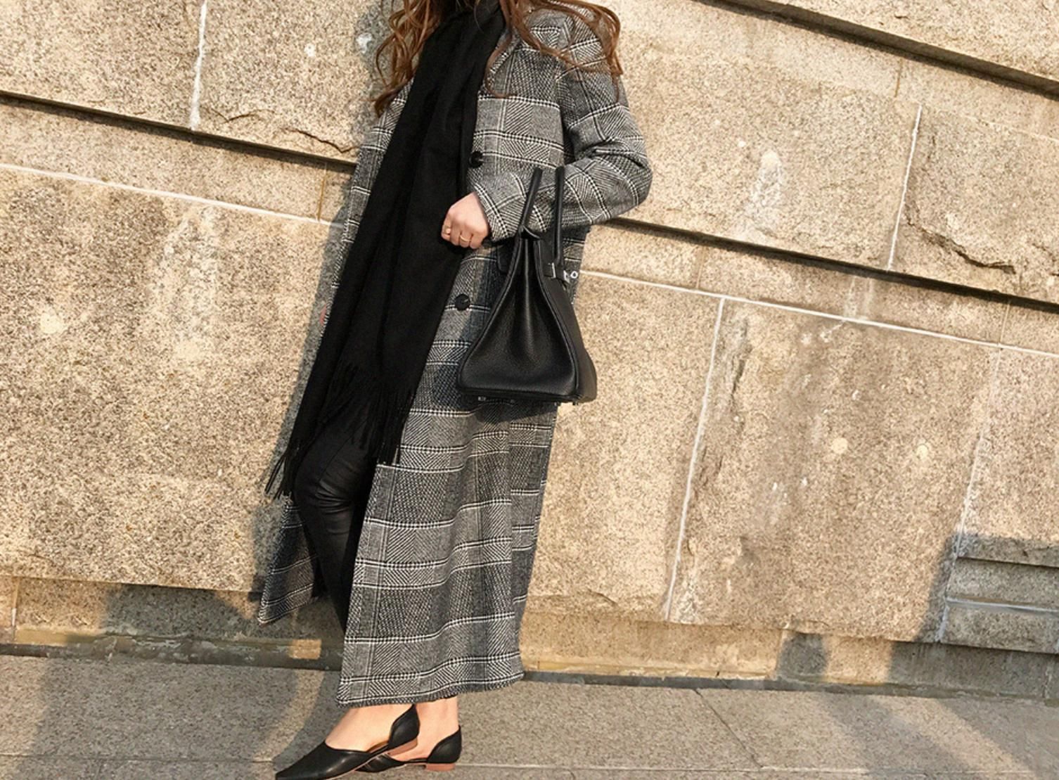 秋冬ロングチェック柄ウールコート