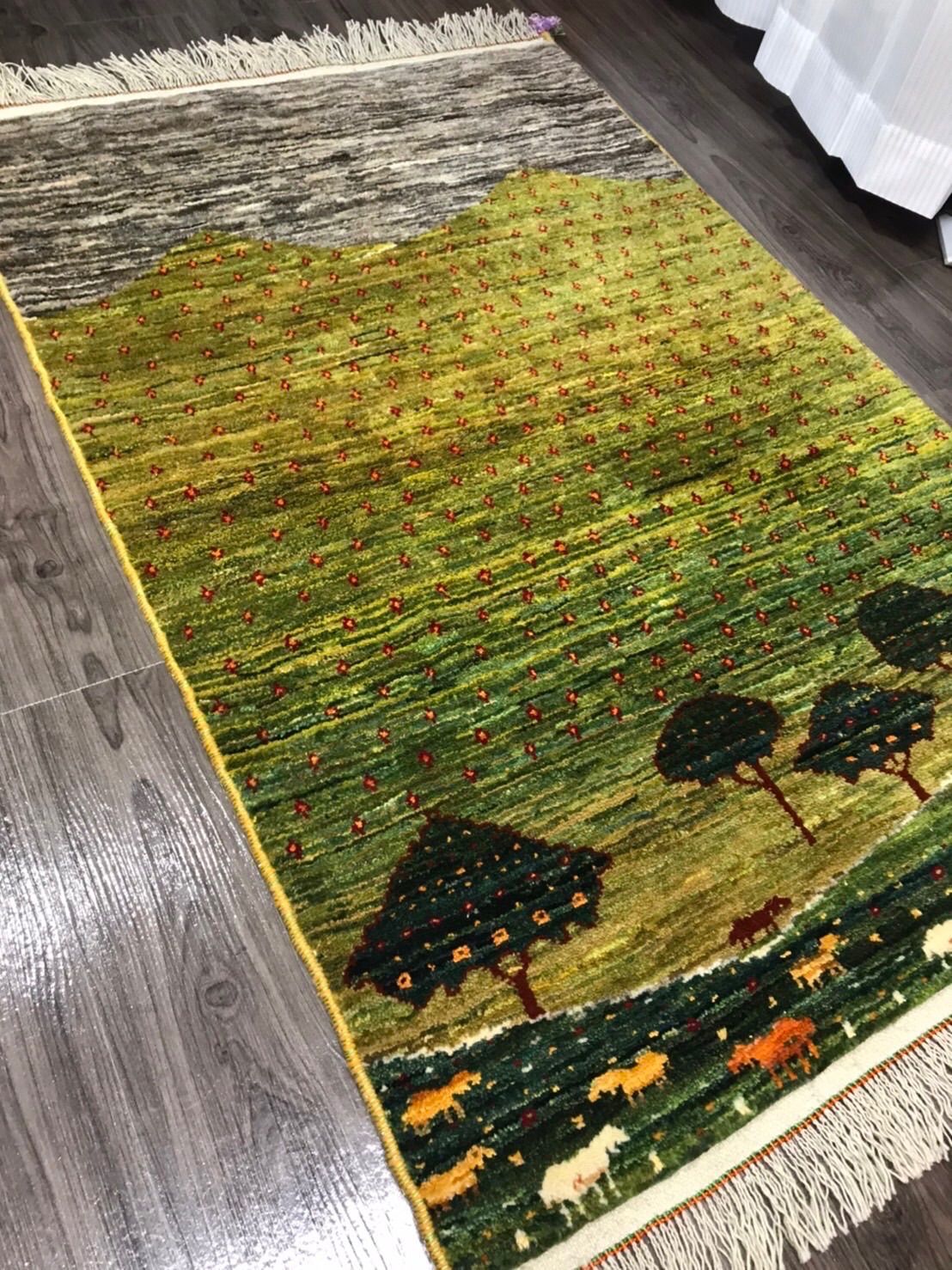 新品 ペルシャ絨毯 手織り リズ ギャッベ 緑 羊 生命の木 - ラグ