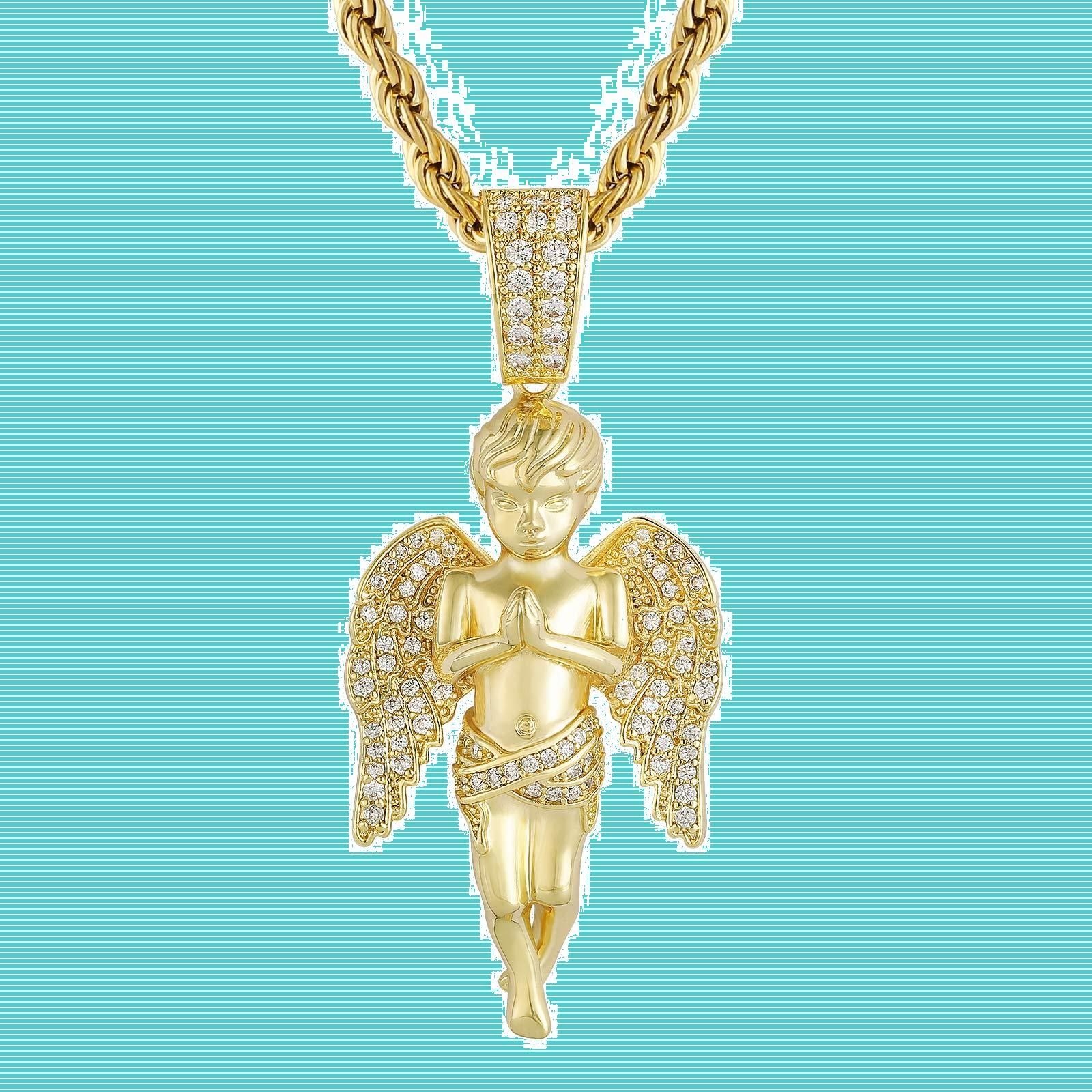 【数量限定】ギフト アクセサリー プレゼント ジュエリー ラッパー ヒップホップ HIPHOP お祝い ブリンブリン CZダイヤ 18k金メッキ 幅3mmフレンチロープチェーン付き 誕生日 天使ペンダント ネ
