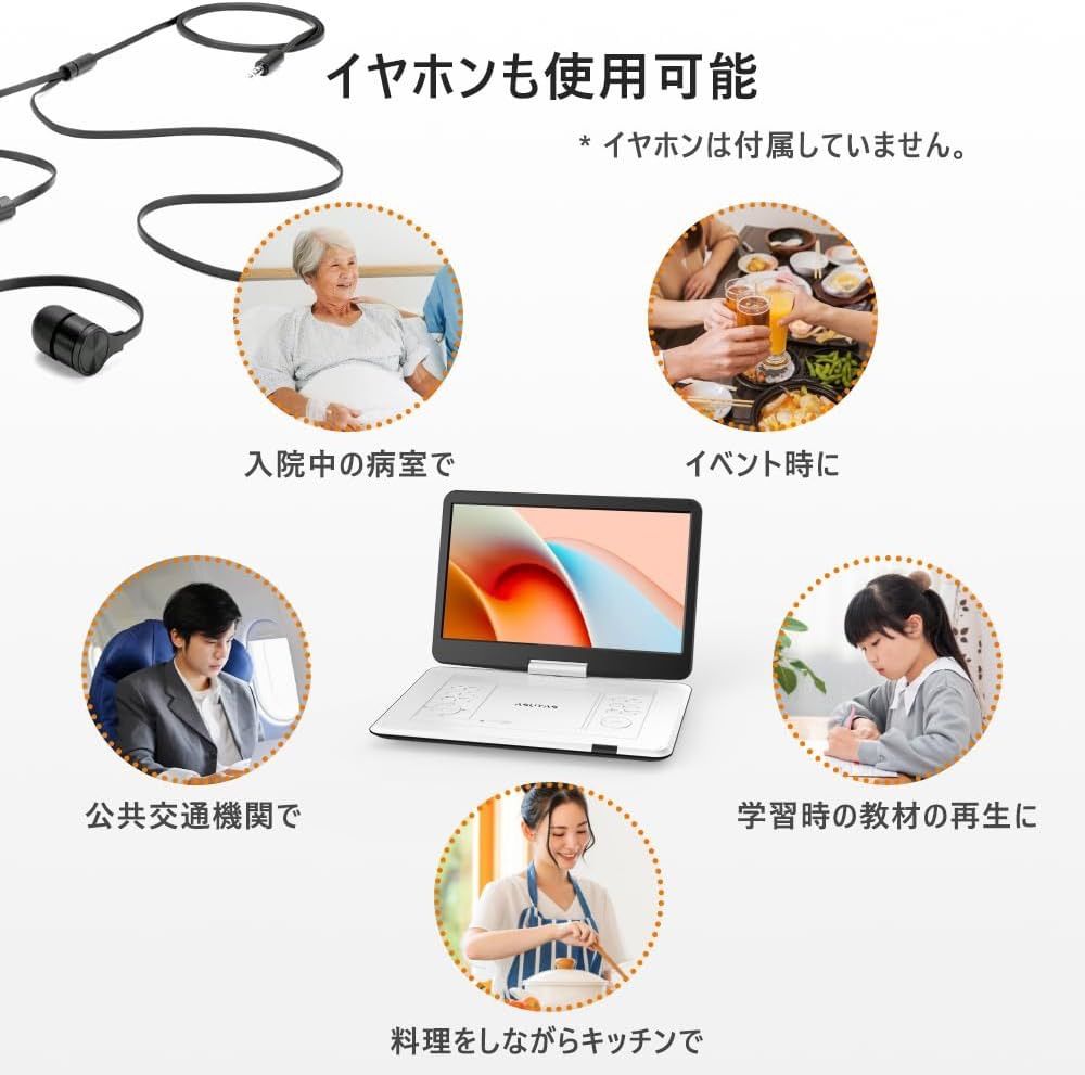 ポータブルdvdプレーヤー 17.9型 14インチ画面 内蔵ダブルスピーカー 5000mAh大容量充電式バッテリー 6時間連続再生 高耐久性  270°回転 車載 操作簡単 USB SDカード対応 TV同期可能 ラストメモリー機能 リモコン付き日本語説明書付 白