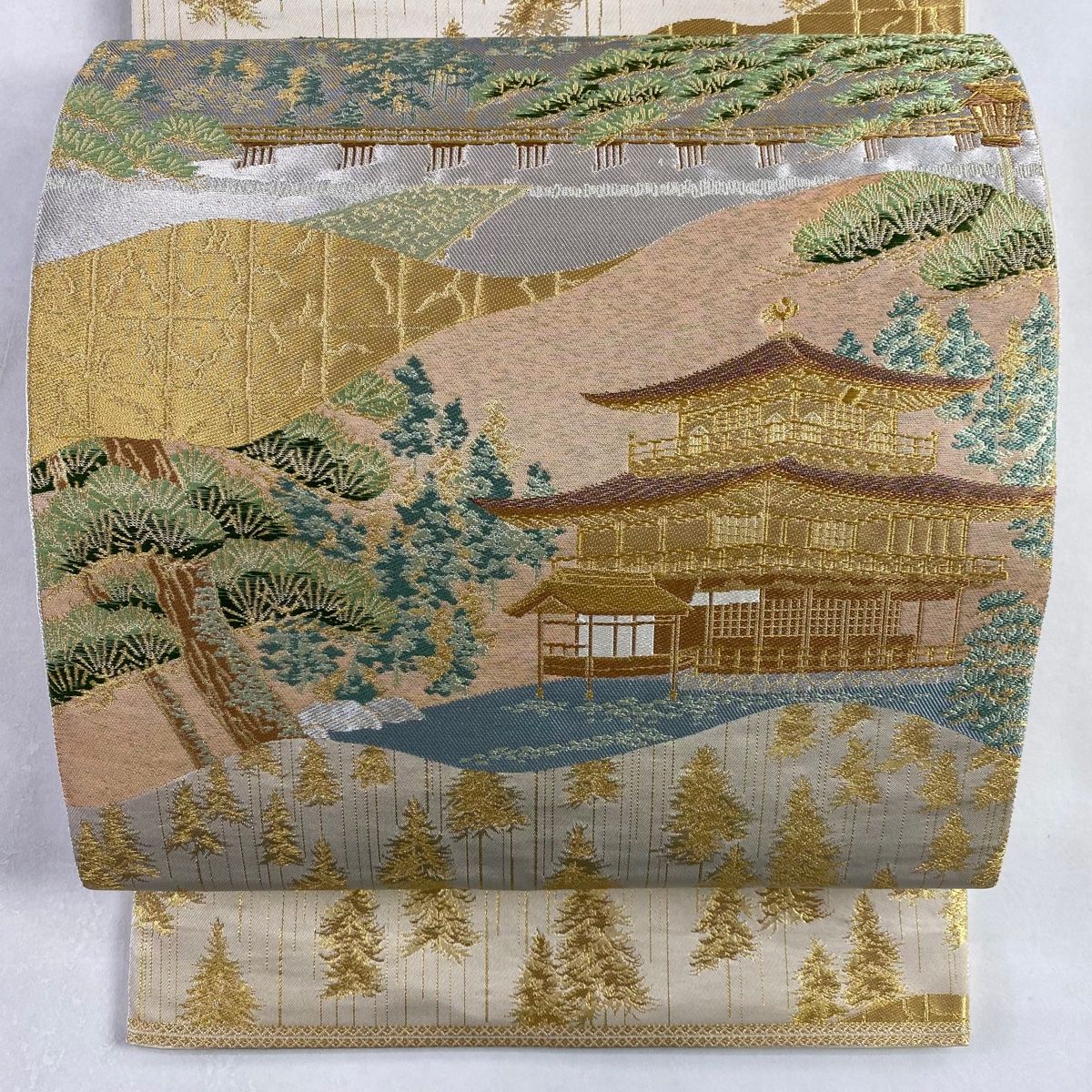 袋帯 美品 名品 落款 服部織物 金閣寺 樹木 箔 金糸 ベージュ 六通