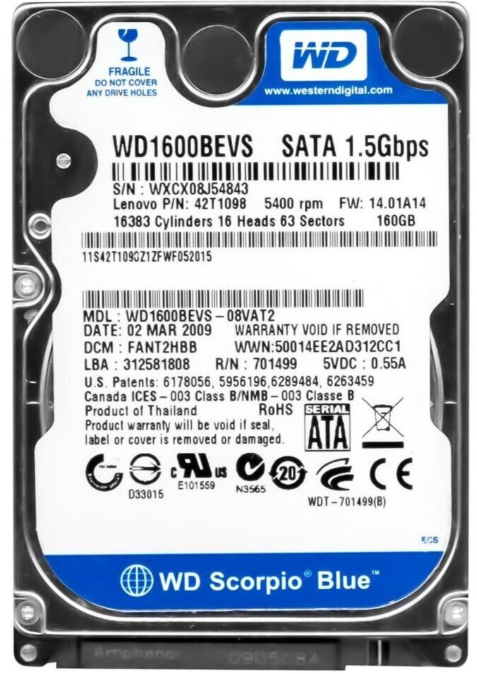 ハードドライブ Western Digital ブルー Scpio WD1600BEVS 160GB 5400RPM SATA II 8MB 2.5 インチ