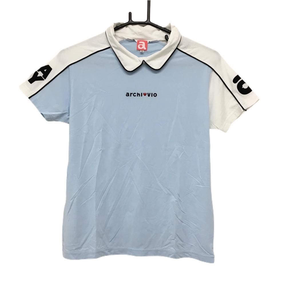【美品】アルチビオ ARCHIVIO ハートロゴ シャツ 38 Mサイズ 超美品】アルチビオ 襟付き半袖シャツ ライトブルー×白 袖ロゴ ハート