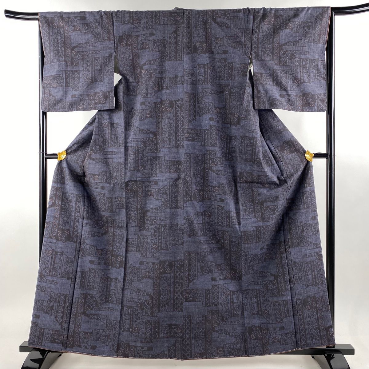結城紬 身丈161cm 裄丈66.5cm M 袷 本場結城紬 奥順 証紙 ヱ霞 草花 青灰色 正絹
