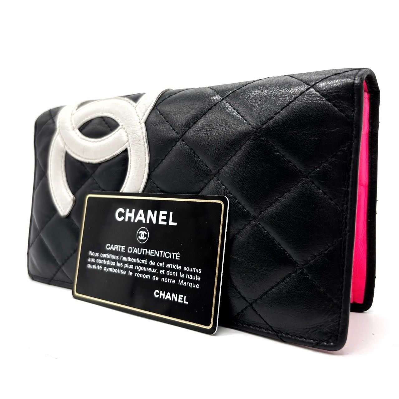 CHANEL カンボンライン ココマーク 2つ折長財布 黒 ブラック ホワイト CHANEL シャネル カンボンライン 二つ折り長財布 ココマーク 長