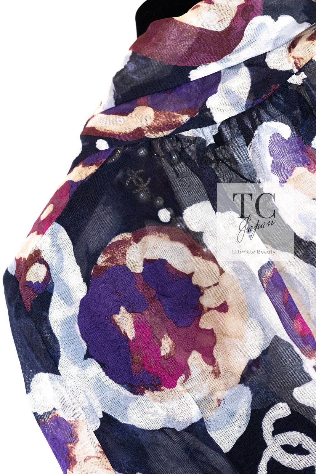 シャネル ブラウス CHANEL 美しい絵画 ネイビー カメリア柄