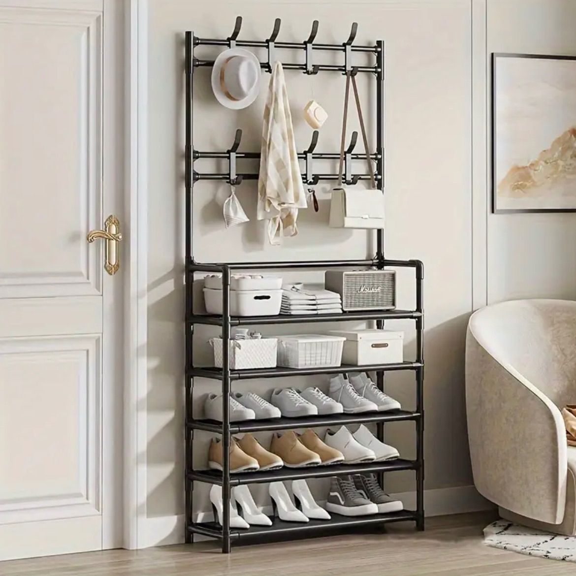 ラック シューズラック 5段収納 メタル製 おしゃれ 靴 帽子 高さ175 cm フレーム型クロッグボックス 通気性 リビング 玄関収納 ファッション インテリア 家具 シンプルデザイン 利便性 家族 ファミリー 便利用品 玄関 リビングルーム クローゼット