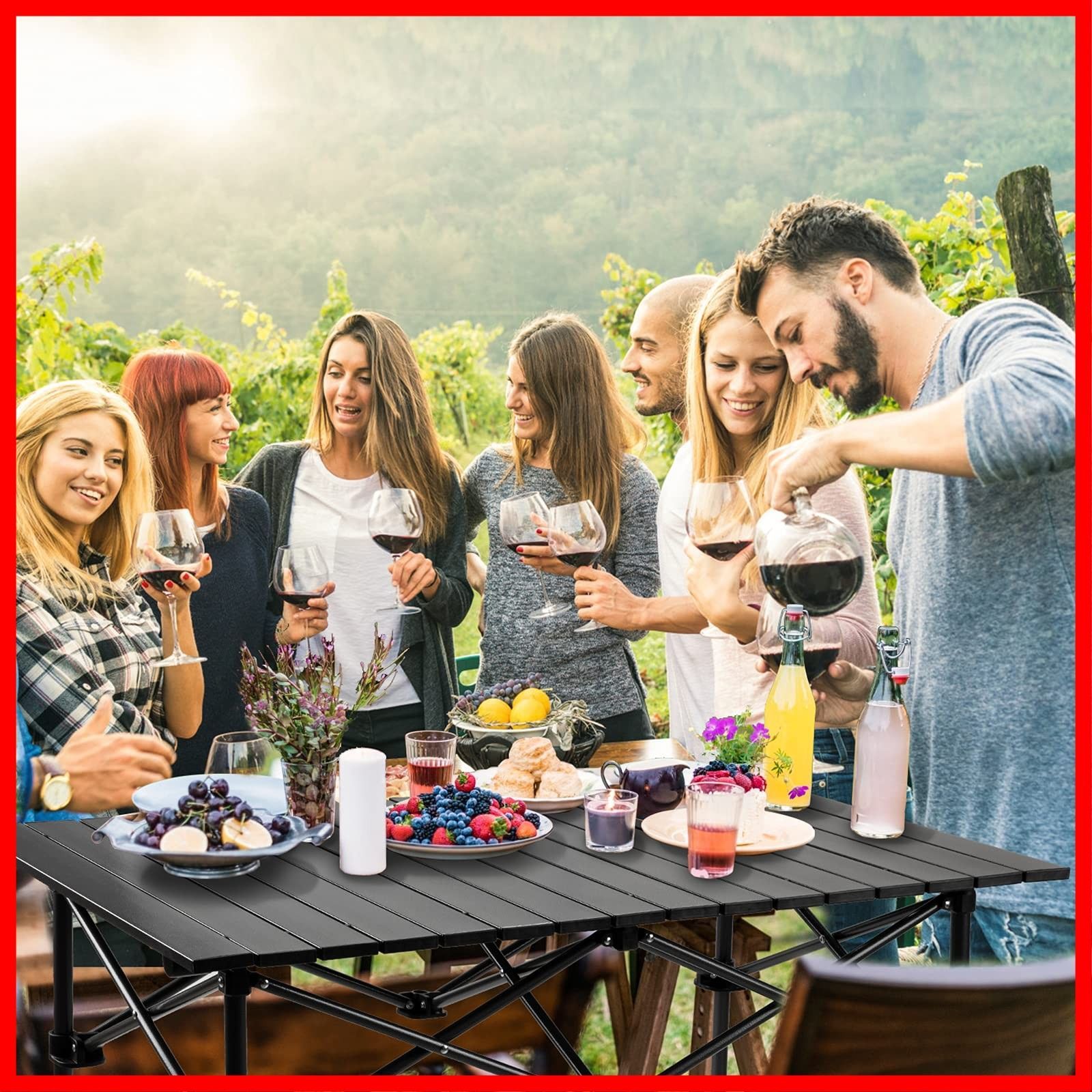 BBQ 耐荷重75㎏ バーベキュー 防水 ポータブル ロールテーブル アルミ 組み立て簡単 キャンプテーブル 高さ調整 折り畳みテーブル 95ｘ55㎝ アウトドアテーブル Cat Night