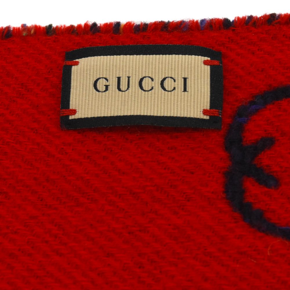 GUCCI (グッチ) リバーシブル チェック総柄 ロゴ刺繍フリンジマフラー