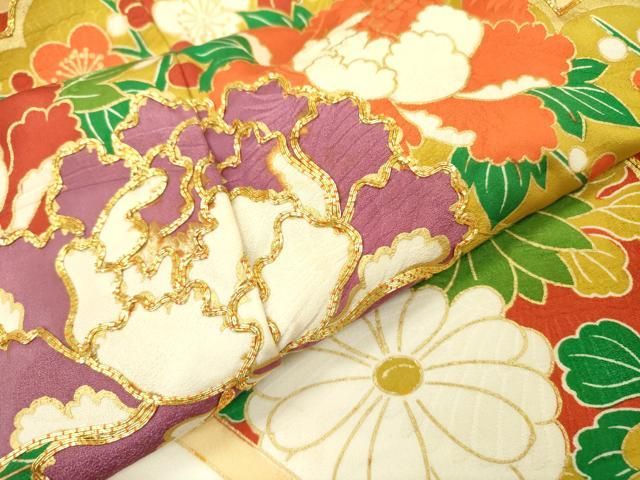 平和屋着物□豪華振袖 駒刺繍 草花文 金彩 正絹 逸品 AAAZ2891mf