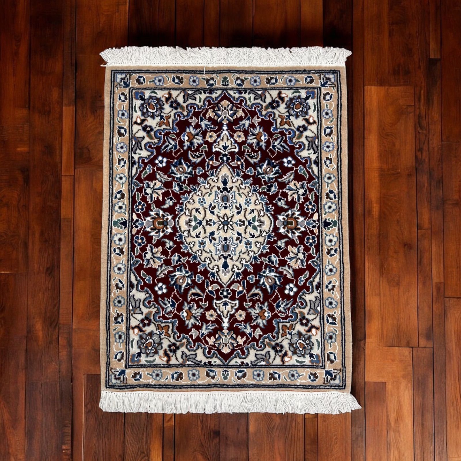 ウール絨毯 イラン ナイン産 55×74cm 手織りカーペット インテリアラグ タペストリー 玄関 チェリーベアナイン チェリーベアウール60×90