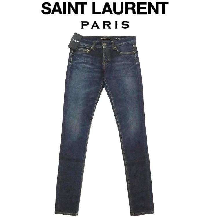 ○【SAINTLAURENT】 エディ 濃青ウォッシュ＆ひげ加工スキニー