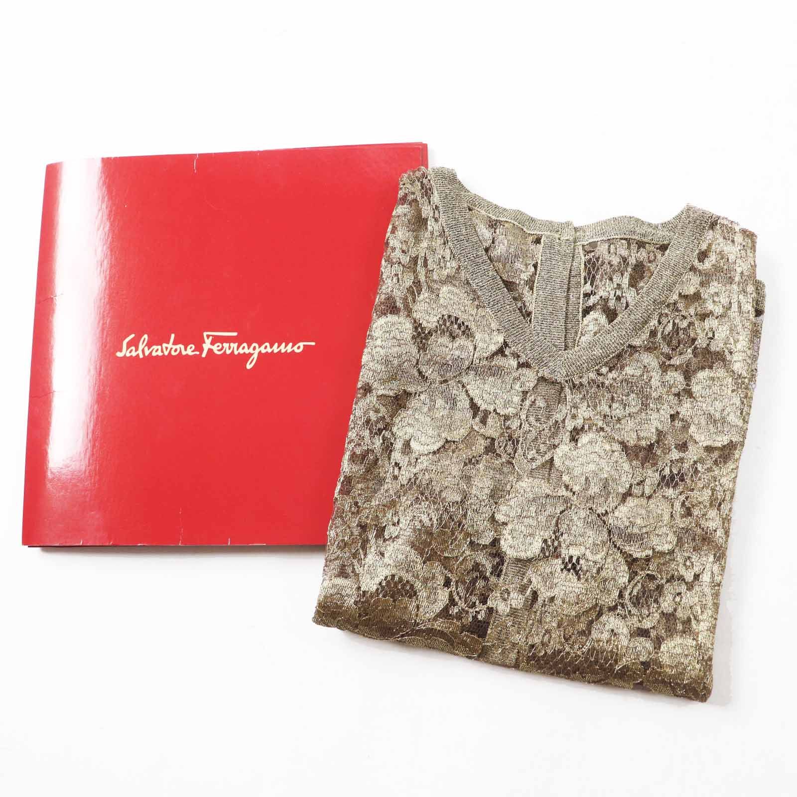 極美品◎Salvatore Ferragamo サルヴァトーレフェラガモ ロゴボタン付き 総レース 半袖 カットソー ゴールド 約M ケース付き レディース 極美品◎Salvatore Ferragamo サルヴァトーレフェラガモ ロゴボタン