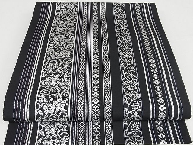 平和屋-こころ店■極上　両面丸帯　組織　間道　金糸　正絹　逸品　未使用　KAAA10635kk4 平和屋-こころ店□極上 本場筑前博多織 八寸名古屋帯 花唐草間道 黒地