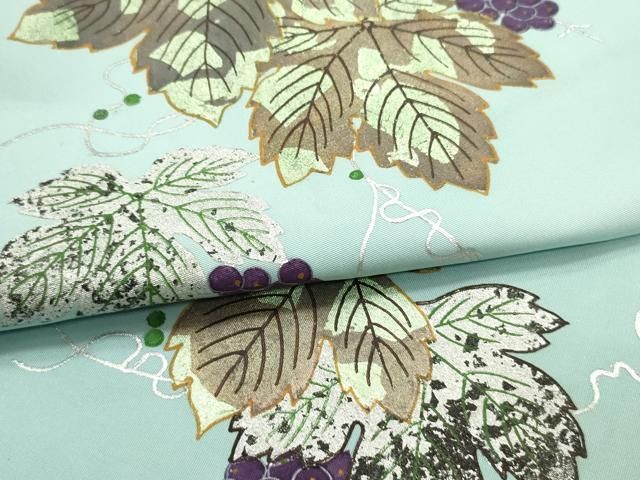 平和屋着物○塩瀬 九寸名古屋帯 葡萄蔦の葉文 白群色 金銀彩 正絹 逸品