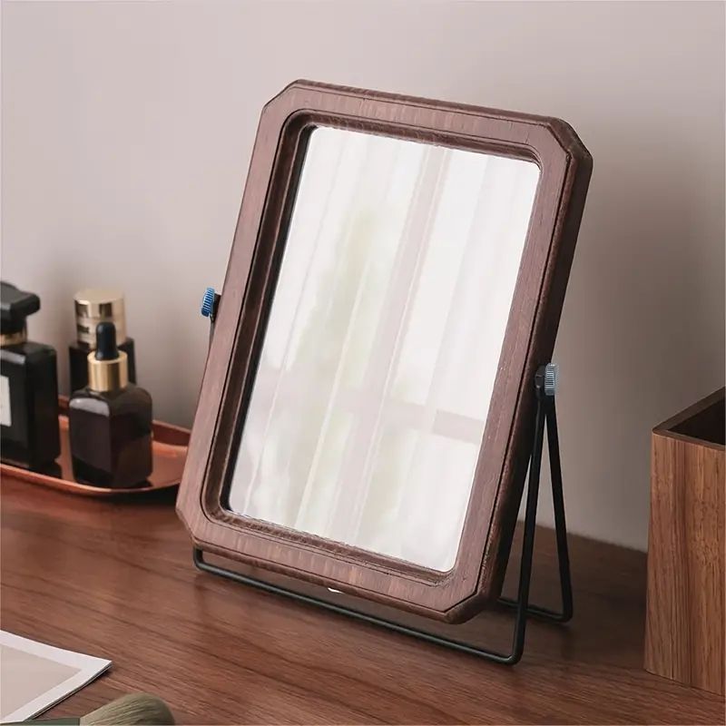 フラワー型卓上ミラーヴィンテージ風無垢材デスクトップメイクアップミラー HD回転機能付き - 折りたたみ式 家庭＆寮用バッテリー不要のバニティデスク ミラーとライト付き小型デスク用ミラー xzdsnyb