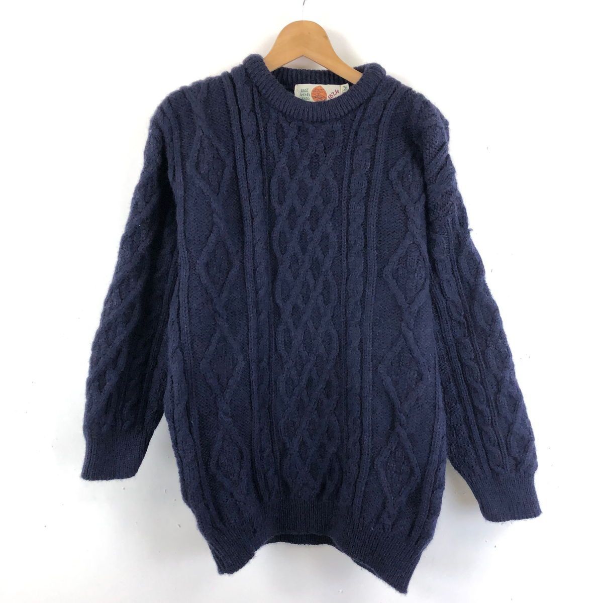 【古着】 フィッシャーマンセーター アラン編み 厚手 ネイビー系 メンズL 【中古】 n048544