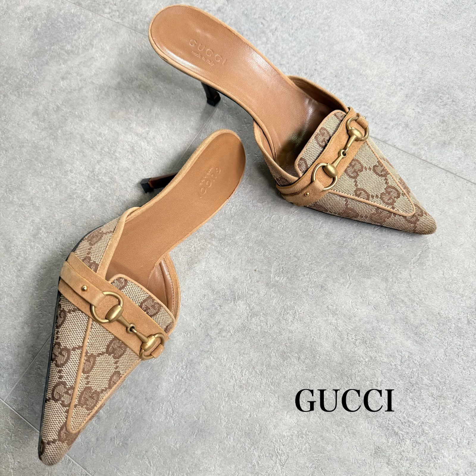 GUCCI グッチ ホースビットパンプス GGキャンバス ベージュ ゴールド金具 34 1 2 C レディースシューズ サンダル ミュール