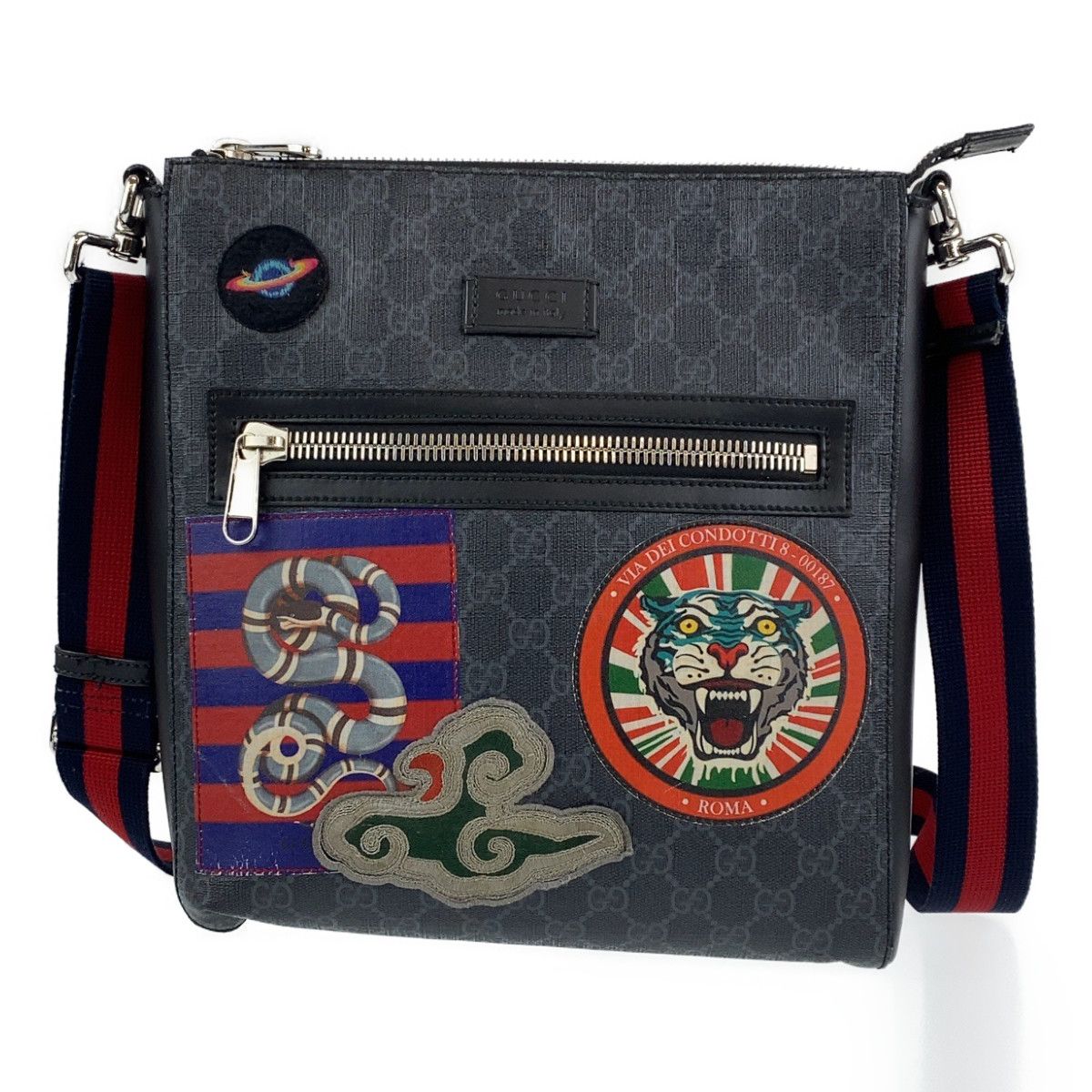 GUCCI　クーリエ　474137　GGスプリーム　バッグ　メンズ　美品 GUCCI グッチ クーリエ GGスプリーム ブラック ネイビー 黒 シルバー