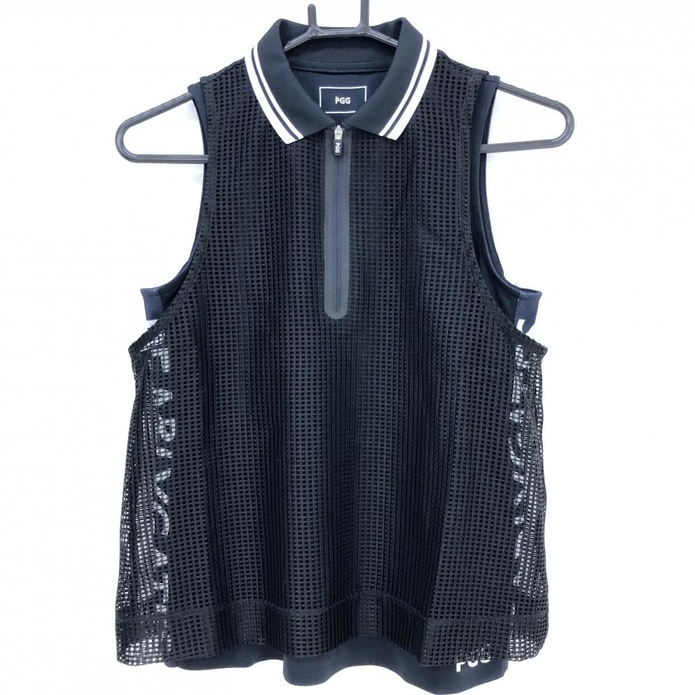PEARLY GATES - 【超美品】PGGパーリーゲイツ ノースリーブポロシャツ 黒×白 格子レース サイドロゴ  レディース 0(S) ゴルフウェア PEARLY GATES 超美品】PGGパーリーゲイツ ノースリーブポロシャツ 黒×白 格子レース