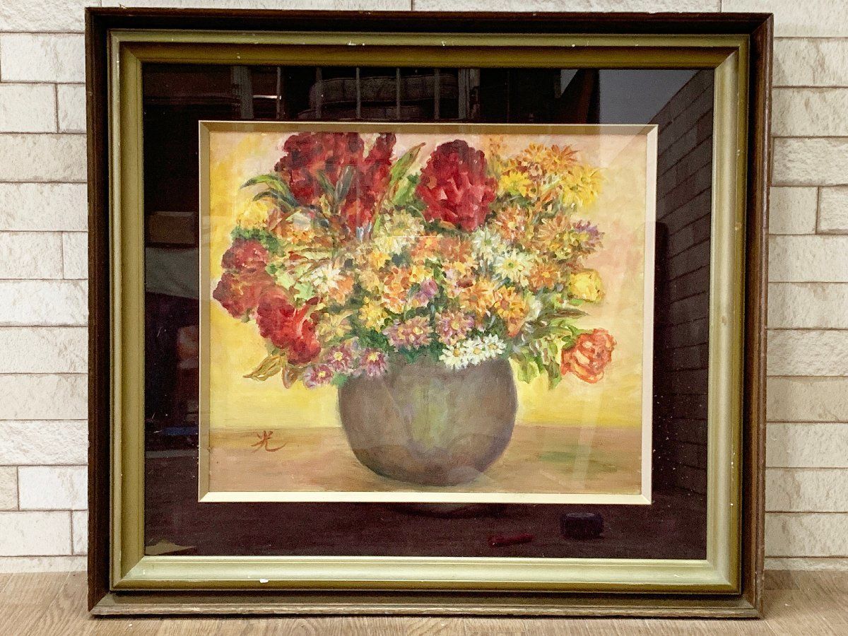 作者不明 花の絵 8号 油彩 肉筆 絵画 8号 美術品 アート インテリア 額縁 額付絵画 額寸68×60 他106