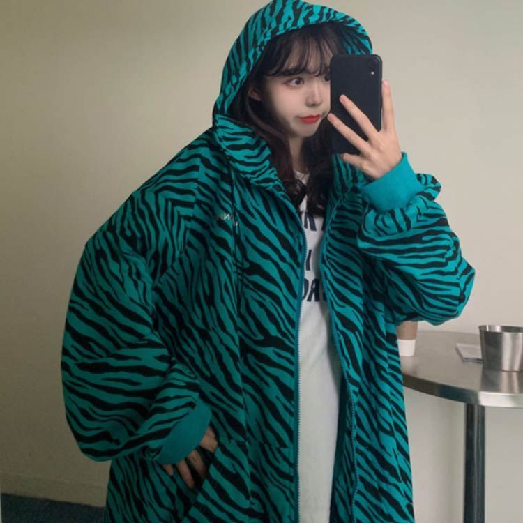 パーカー ゼブラ柄 アウター ゼブラ柄 フード付き カジュアル ジッパー