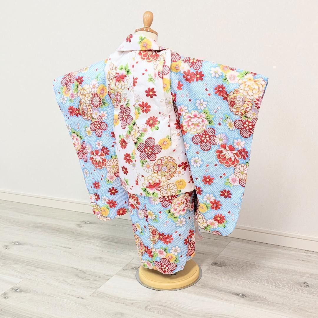 女の子 七五三 3歳 被布 着物セット 青 水色 白 古典 桜 絞り柄 s15