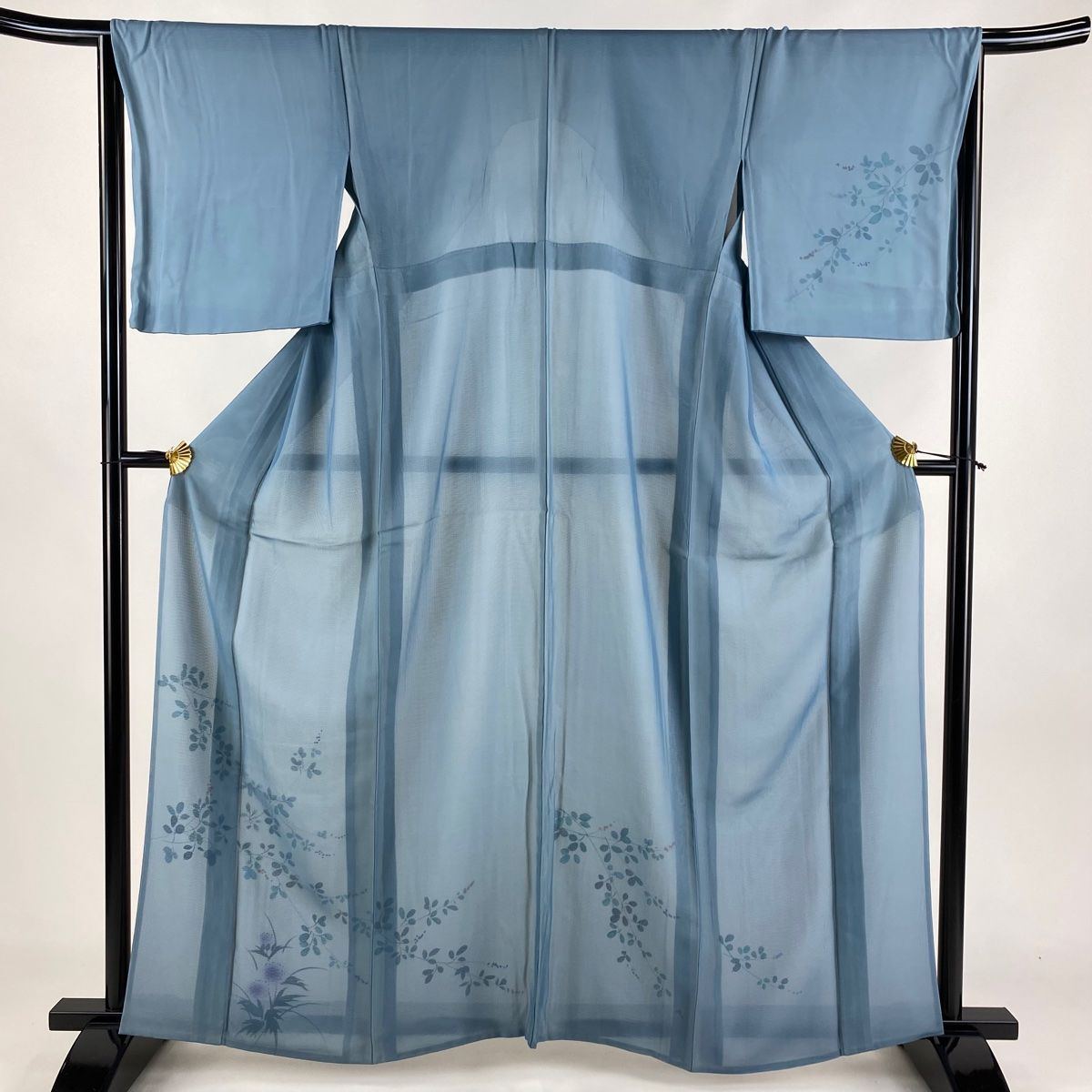 付下げ 身丈161cm 裄丈65.5cm M 紗絽袷 草花 青灰色 正絹 名品